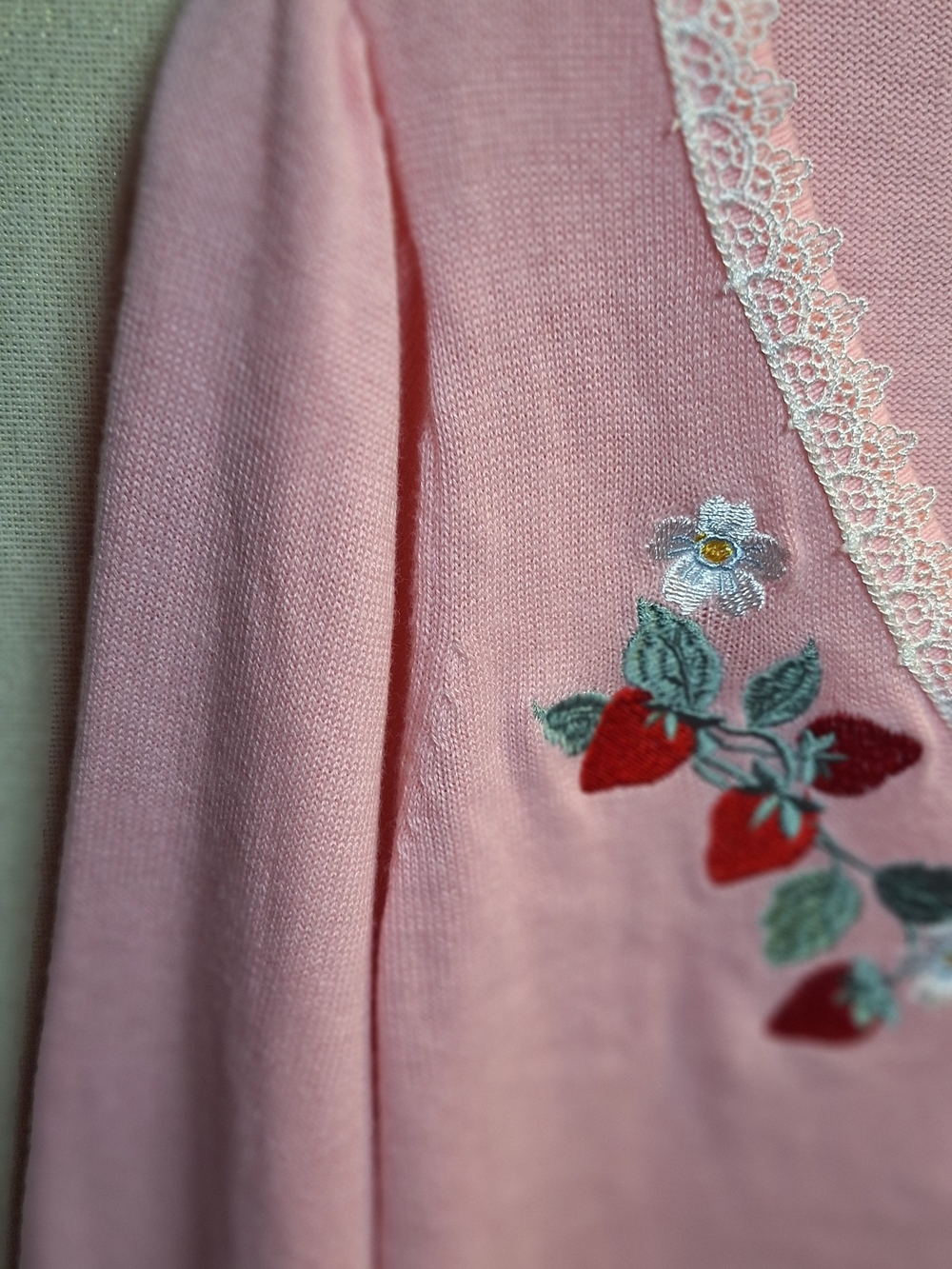 Dolls Kill Pink Embroidered Strawberry & Daisy Lace-Trim Cardigan - Picture 6 of 9